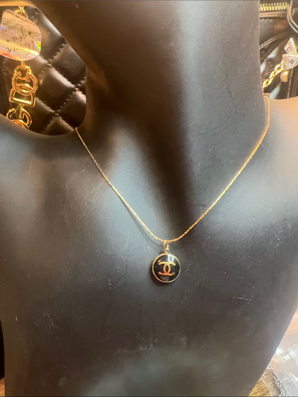 Up Cycled Gold Chain Necklace with Black Pendant - Designer Inspired